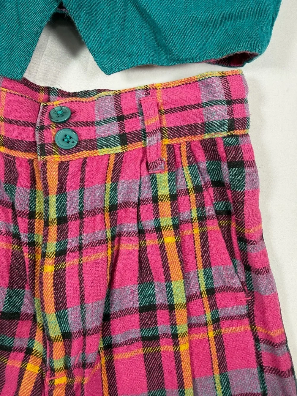 VINTAGE YAKKITY YAK 1990s Reversible Plaid Vest & Shorts Set Size 5 Cotton Rayon